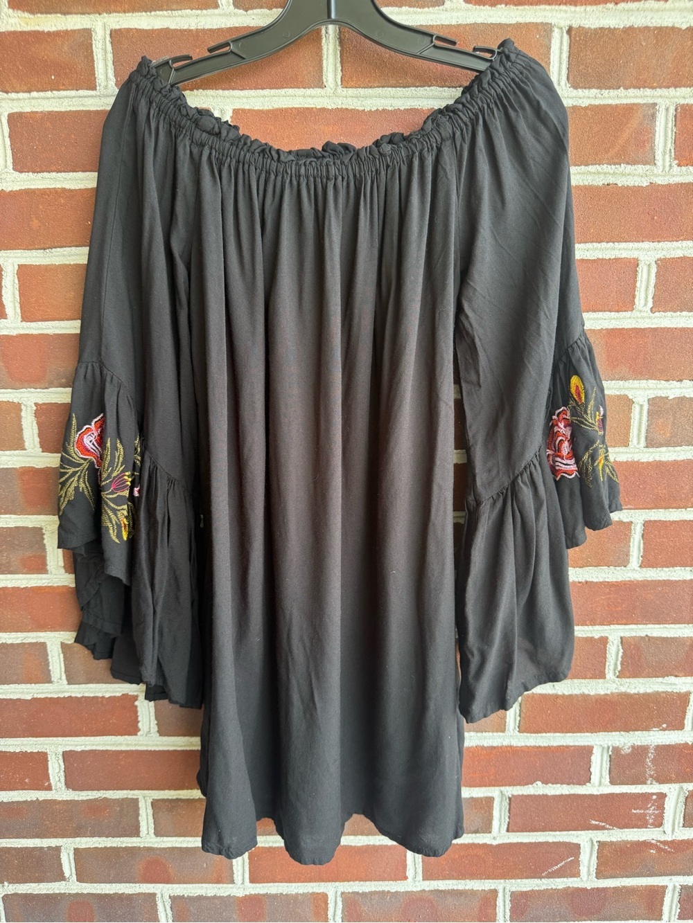 Feathers Boho Off-Shoulder Embroidered Bell Sleeve Tunic- Black -L